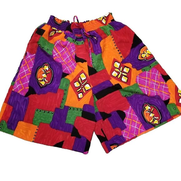 Casual Pants - Mom Shorts Size Small Vintage 80s Elastic Waist Colorful Travel Casual Patches